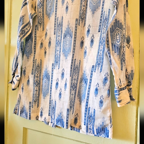 Vintage 70s Navajo Aztec print western blue white button up cowgirl rideo shirt - Picture 9 of 11